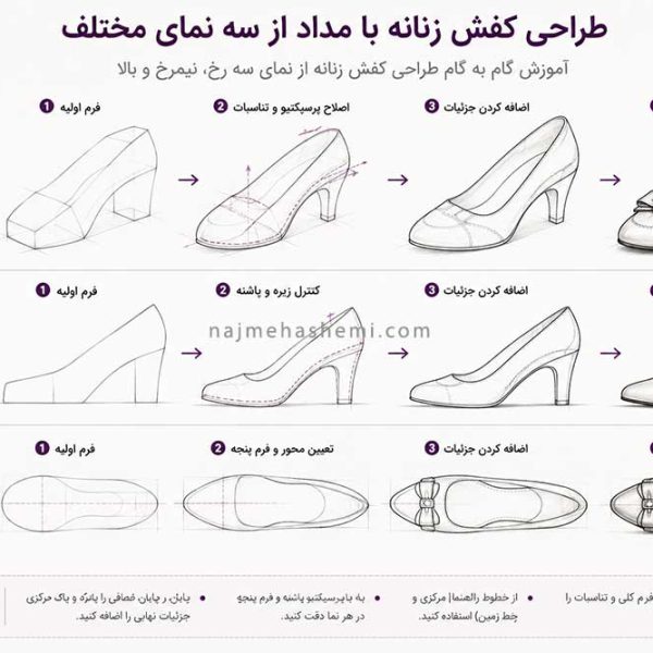طراحی کفش زنانه با مداد از نمای سه رخ، نیمرخ و بالا