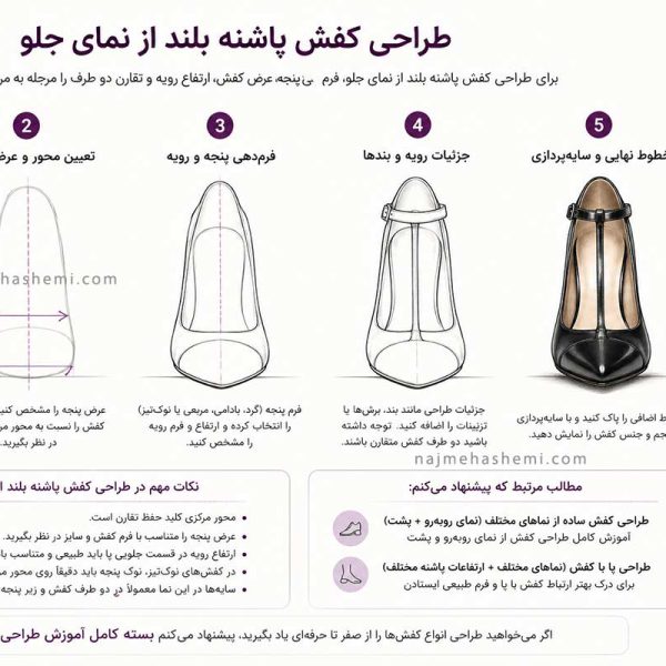 طراحی کفش پاشنه بلند از نمای جلو در چند مرحله